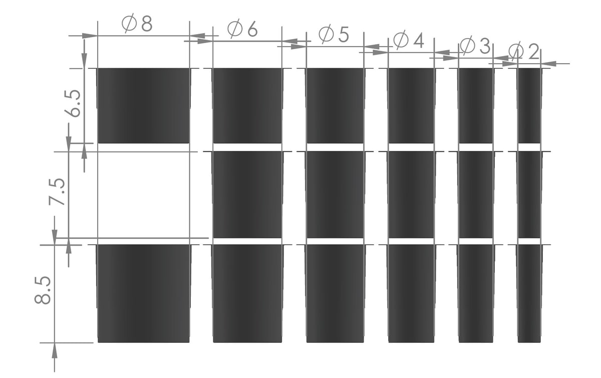 Engineering drawing of canning sleeves in six diameters from 2 to 8 inch, in lengths of 6.5, 7.5 and 8.5 inch